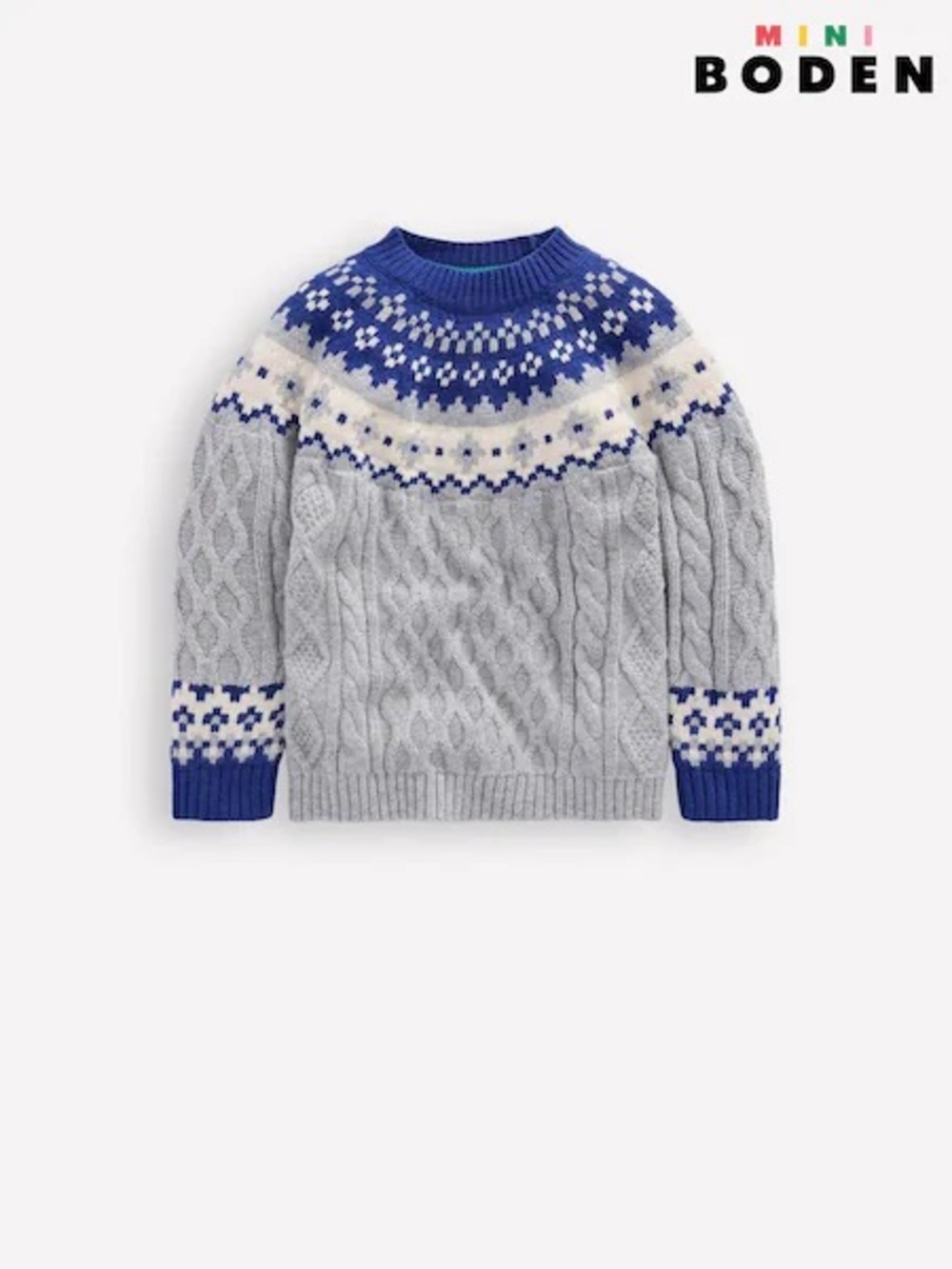 Mini Boden• NWT $70USD Cable-Knit Crewneck Sweater W Blue & White Fair Isle Yoke